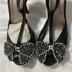 Black Satin T-Strap Platform Pumps with Crystal Studded Bow Peep Toe Heels
